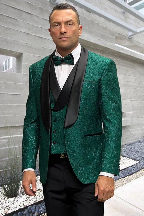 Green Prom Suit For Men - Men's Designer Vested Floral Lace Wedding Hunter Green Tuxedo